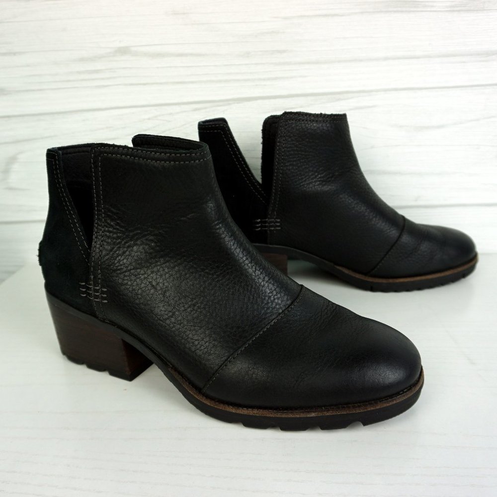 Sorel Cate Cut Out Booties with Block Heel Waterproof Black Leather size 9